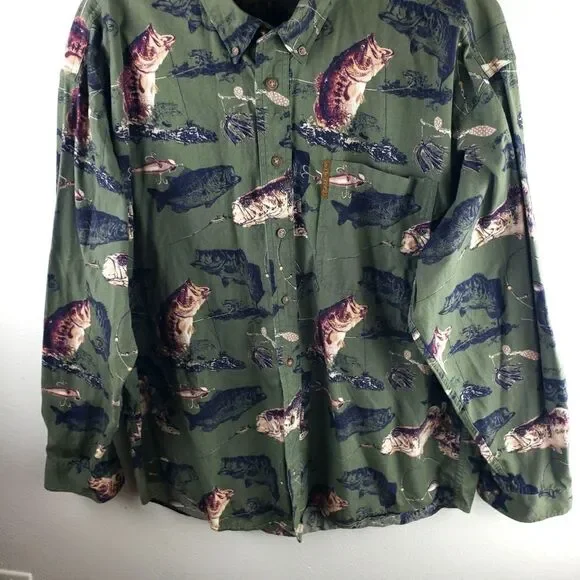 Men's The North River Green Button Up Long Sleeve Bass Fish Shirt Size Large - Picture 8 of 11